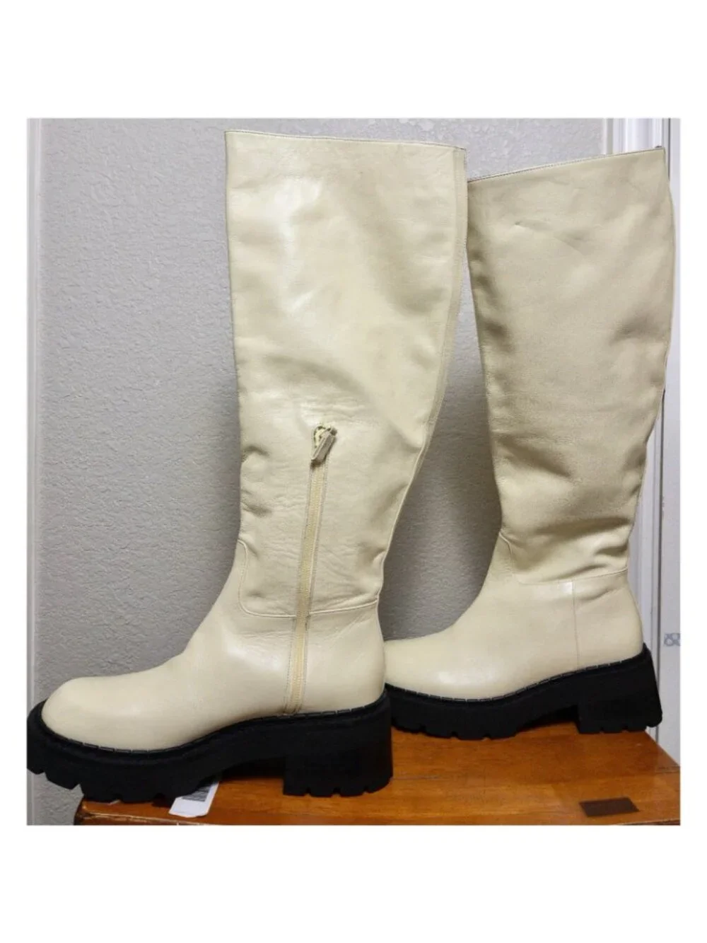 By FAR Russel Lamb Leather Knee High Boot 38 Ivory 8 Chunky Lug Platform NWT